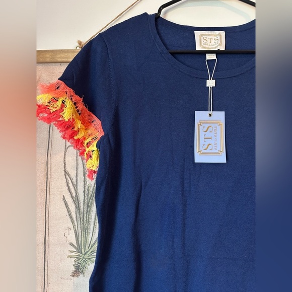 NWT Sail to Sable Textured Fringe Short Sleeve A Line Knee Length Dress Navy M - Picture 2 of 12